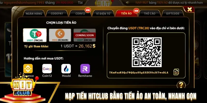 Nạp tiền Hitclub bằng tiền ảo an toàn, nhanh gọn